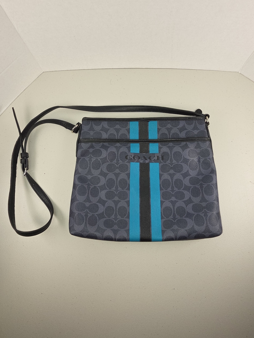Coach Signature Varsity Stripe Blue Leather Crossbody Bag